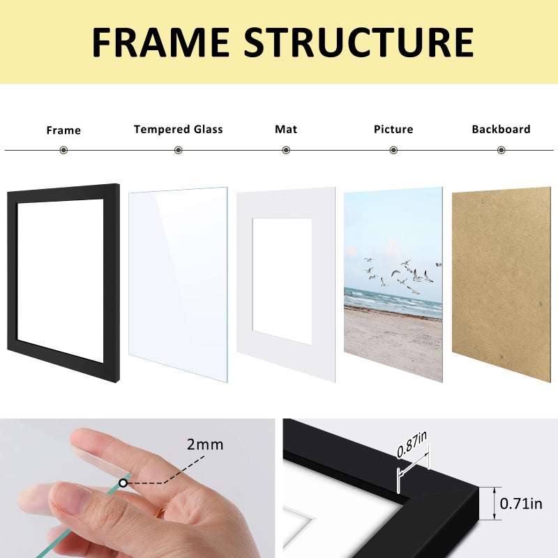 Frametory, 11x14 Frames Display 8x10 Picture with Mat or 11x14 Photo Without Mat, Shatter-Resistant Glass, Pre-Installed Wall Mounting Hardware - Black - Image 4